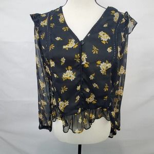 Zara Black Floral Button Down Shirt